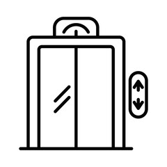 Elevator with up and down arrows and glass doors. Vector icon. Editable stroke.