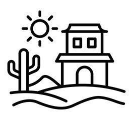 Desert house landscape with cactus and sun. Vector icon. Editable stroke.