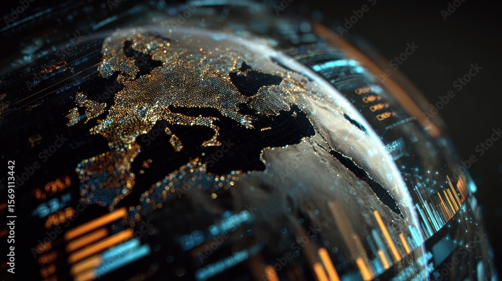 Poster a futuristic interface showcasing a digital globe with dynamic financial metrics and data visualizat