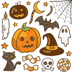 Halloween icon set with pumpkins ghosts bats and spooky holiday elements