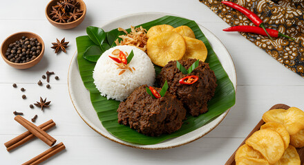Indonesian Rendang Aromatic Beef Stew with Rice and Crispy Crackers