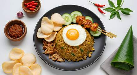 Delicious Indonesian Nasi Goreng with Fried Egg, Satay, and Crackers