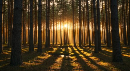 Obraz premium Sunset in Pine Forest: Golden Rays and Shadows