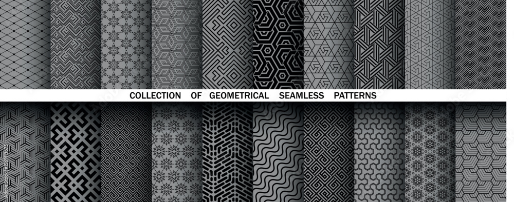 Poster Geometric set of seamless black and gray patterns. Simple vector graphics