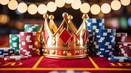 Royal Flush: A captivating still life of casino chips and a regal crown, epitomizing wealth, status, and high stakes on the luxurious casino table. 