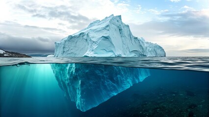 Iceberg in Blue Waters Revealing Hidden Bulk Below Representing Depth and Insight