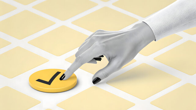 Minimal hand hovering over yellow checkmark button on grid