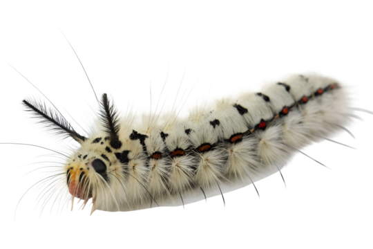 A close-up of a hairy caterpillar with a white body and black stripes. It has long, fine hairs and a distinct head. The background is transparent.