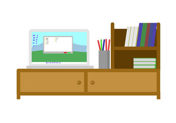 Cozy Workspace Illustration with Laptop, Books, and Stationery