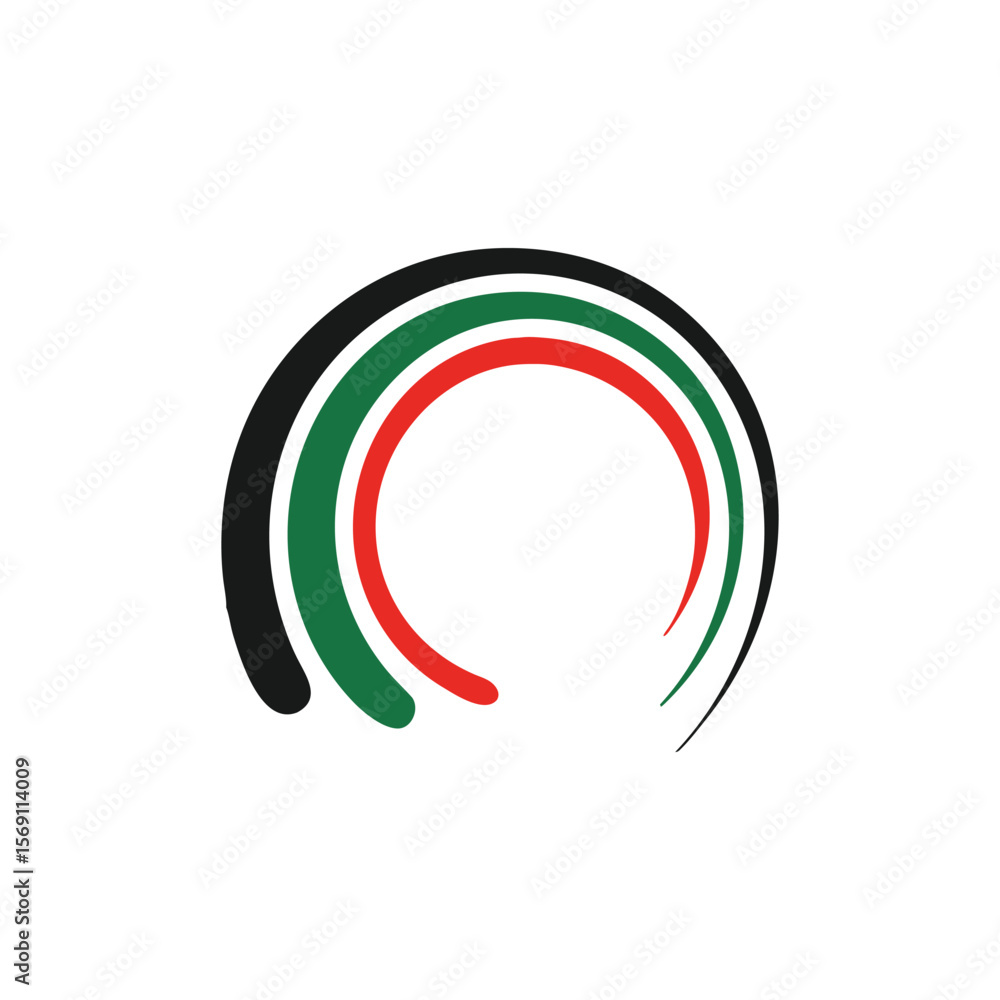 Poster abstract circular design with black, green, and red arcs creating a sense of movement and connection