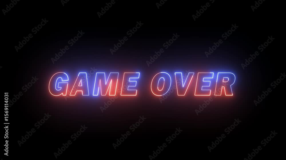 Poster neon game over text in blue and golden colour with reflection on black background
