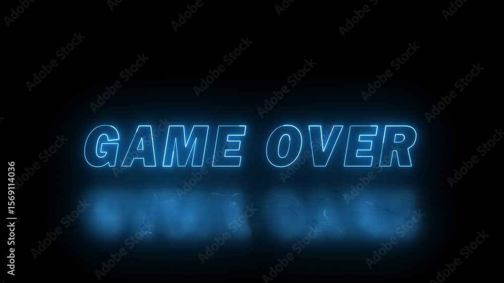 Poster neon game over text in blue colour with reflection on black background