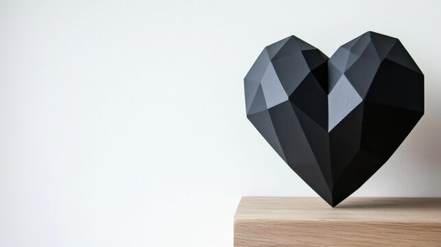 Black Geometric Heart Sculpture on Wooden Surface with White Background