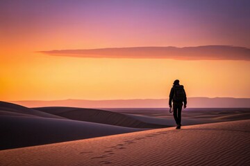A backpacker walking alone on sand dunes under an orange twilight sky