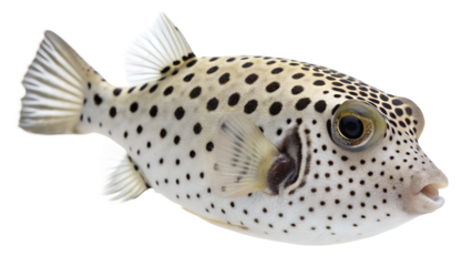 A spotted pufferfish with a white body and black spots. The fish is shown against a transparent background, highlighting its unique features and shape.