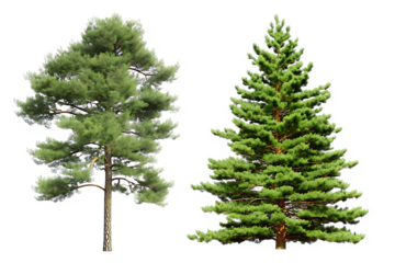 Two pine trees green foliage isolated on a transparent background
