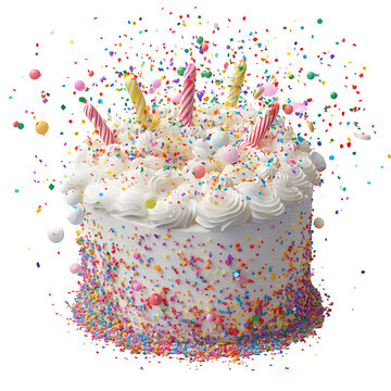 a very detailed confetti explosion birthday cake with sugar poppers and glitter dust, isolated on pure white background, subtle soft shadow, clean studio lighting, ultra high detail, png stock render 