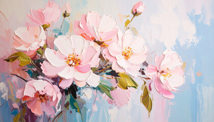 Rough palette knife oil painting of pastel pink flowers. Hand drawn art. Nature and botany.