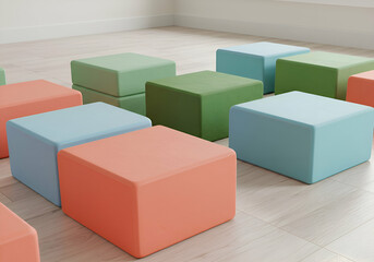 Colorful square seating units arranged on light hardwood floor. A collection of multi-colored, cube-shaped seating or display units displayed on a light wood floor in a modern interior setting.