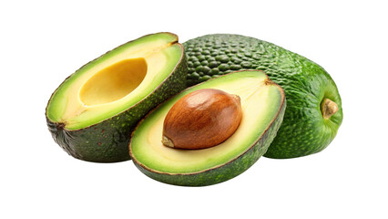 Fresh avocados halved and whole on a white background, ready to eat