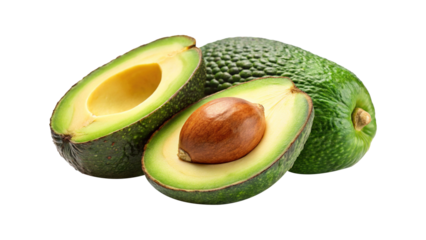 Fresh avocados halved and whole on a white background, ready to eat