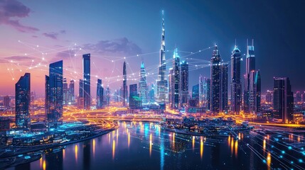 Fototapeta premium Illuminated cityscape at twilight, showcasing a network of digital connections.