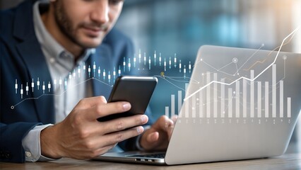 Businessman analyzing financial data on his smartphone and laptop. Graphs and charts overlay the scene, symbolizing market trends and progress
