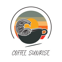 Coffee Sunrise - Retro Coffee Cup with Wave and Sunset Logo