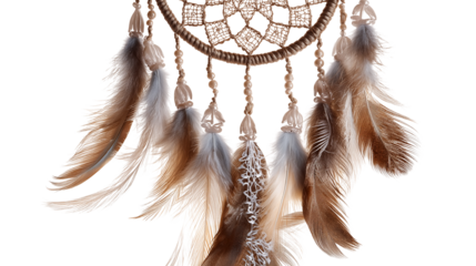 Boho-style dreamcatcher with feathers, aesthetic decoration, high-res PNG on white