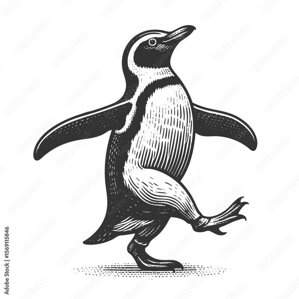 Poster dancing penguin sketch engraving generative ai fictional character vector illustration. scratch boar