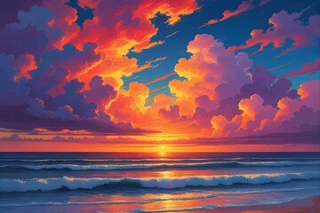 Vibrant ocean sunset with dramatic colorful clouds