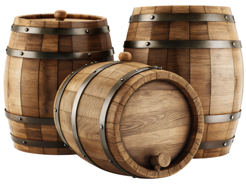 Wooden oak barrels on white background isolated on a transparent background