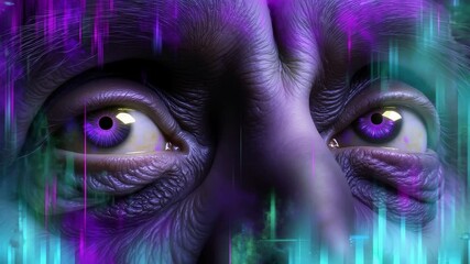 A close up of a person's face with purple eyes - Powered by Adobe