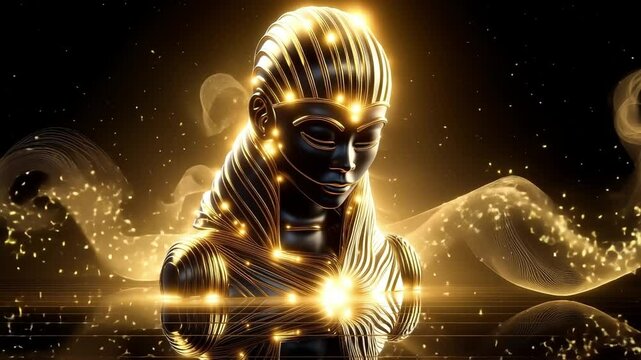 A golden statue of a woman with a golden headdress on a black background