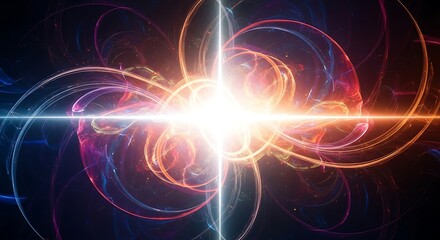 Abstract swirling energy patterns converge in a bright central point, creating a dynamic visual effect.