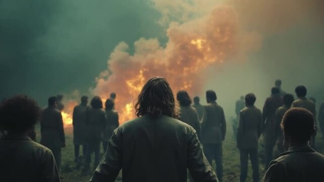4K Stock Video Apocalyptic Fire Scene Crowd