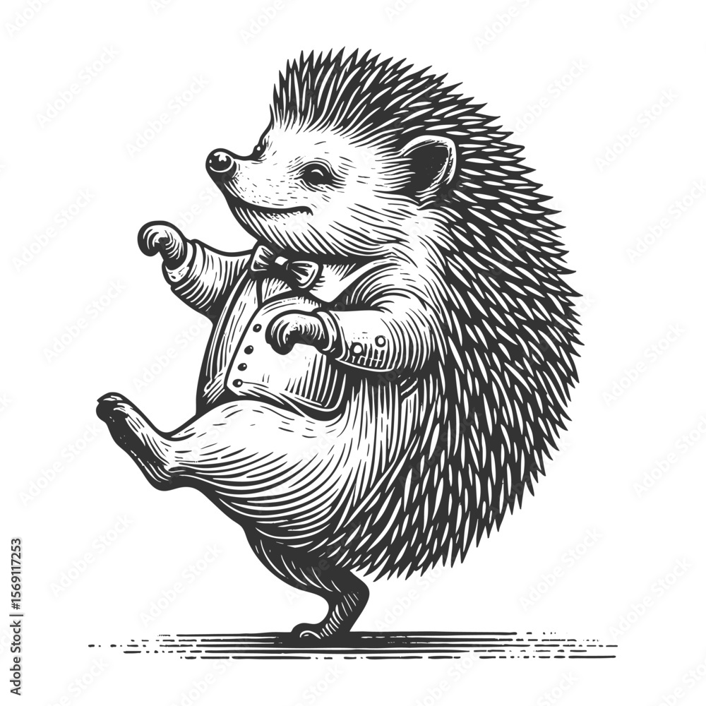 Poster dancing hedgehog sketch engraving generative ai vector illustration. scratch board imitation. black 