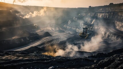 A mining site with heavy machinery operating in a smoky, industrial landscape.