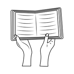 Hands holding open book. Doodle line vector illustration
