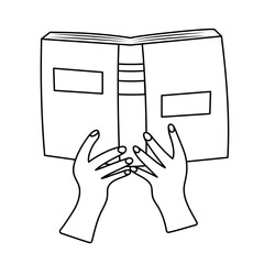 Hands holding open book. Doodle line vector illustration
