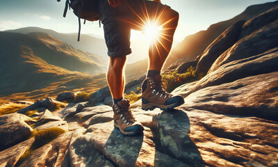 Ein Mann mit Wanderschuhen ist in den sonnigen Bergen auf einer Wandertour, copy space