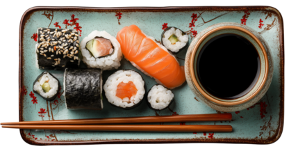 Top view of sushi set with soy sauce and chopsticks, Japanese cuisine aesthetic, on white PNG background