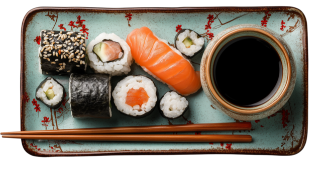 Top view of sushi set with soy sauce and chopsticks, Japanese cuisine aesthetic, on white PNG background