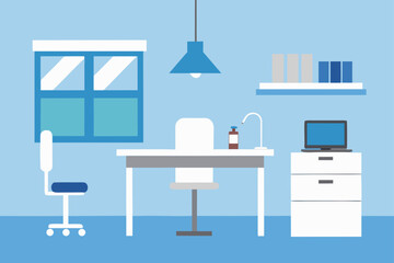 Modern home interior design with office furniture, kitchen, desk, chair, and computer illustrations