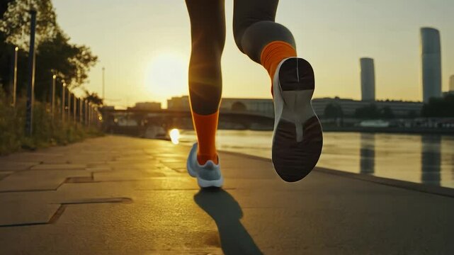 Person jogging along a riverside path at sunset - Powered by Adobe