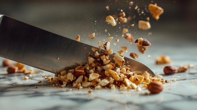 Close-up of a sharp knife chopping mixed nuts on a smooth surface, with nut pieces and crumbs flying in the air from the impact.