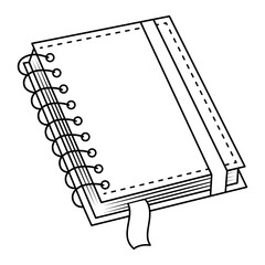 Spiral book with bookmark. Doodle line vector illustration