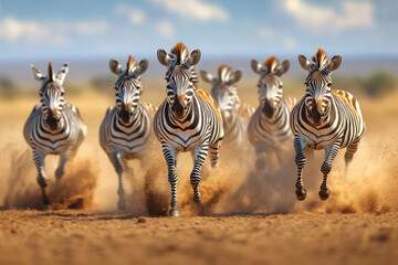 Fototapeta premium A group of zebras charges across the savannah, their black and white stripes a blur of motion. Hooves kick up dust as they sprint, creating an exhilarating display of wildlife energy.