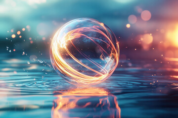 A giant soap bubble hovers over a reflective surface in a fantasy setting. Neon pinks and electric blues swirl across its surface, creating a captivating and dreamy visual experience.