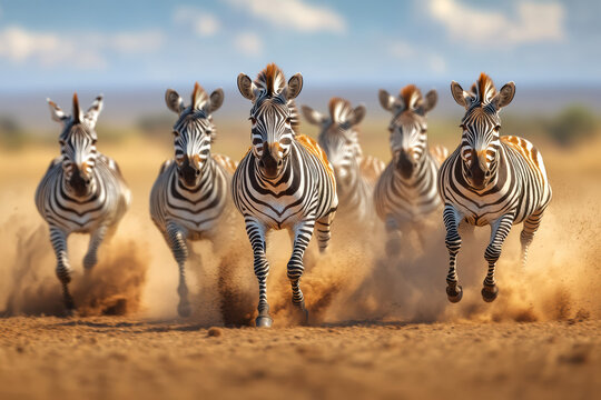 A group of zebras charges across the savannah, their black and white stripes a blur of motion. Hooves kick up dust as they sprint, creating an exhilarating display of wildlife energy.